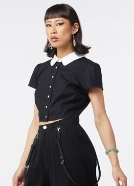 Dangerfield Tweedledee Peter Pan Collar Black Blouse Short Puff Sleeve Goth12/L